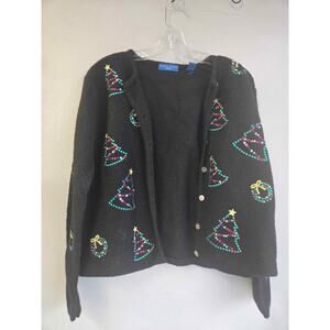 Vintage Karen Scott Sport Black 100% Wool Sequin Christmas Cardigan Sweater L